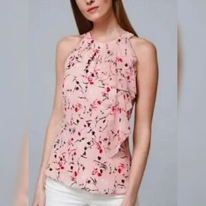WHBM Floral Halter Blouse Ruffle Neck Elegant Feminine Style Top Petite 10P